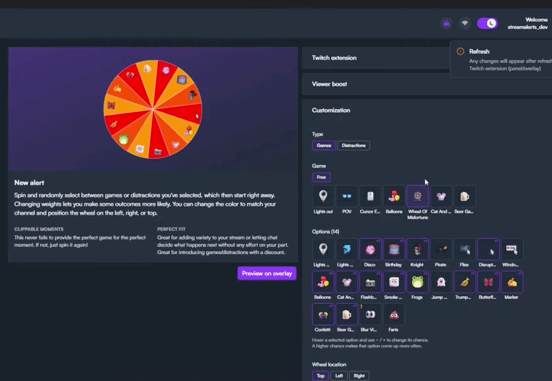 Setting weights on the Wheel of Misfortune in StreamAlertsTV